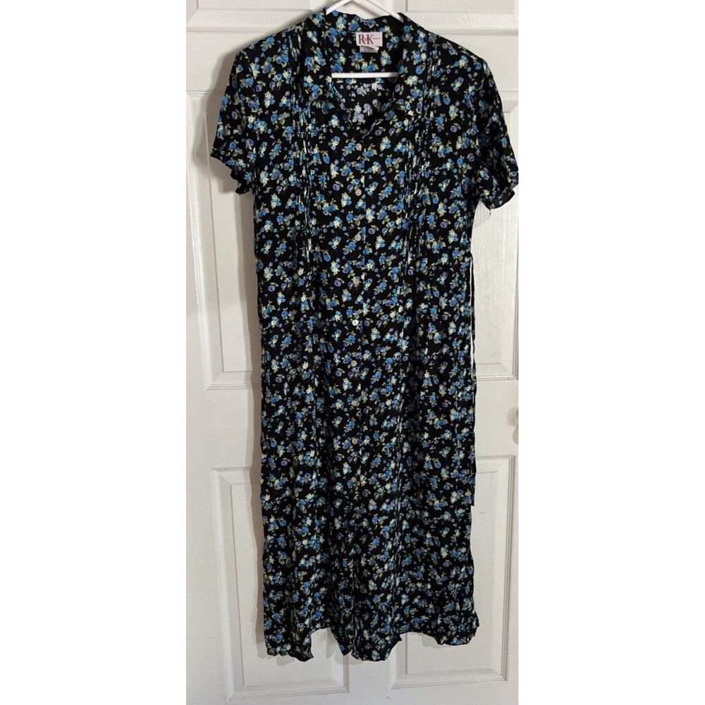 R&K Women's Black Floral Maxi Midi Dress Size 16 Blue Roses Short Sleeve Collar